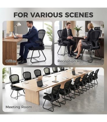 HOMCOM Reception Chair, Conference Meeting Office Chair with Flip-up Armrest, Mesh Backrest, Lumbar Support and Metal Base