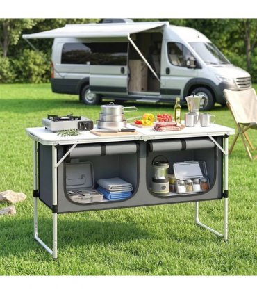 Outsunny Camping Cupboards Folding Portable Aluminium Camp Cook Station with Storage Cupboard for Outdoor BBQ
