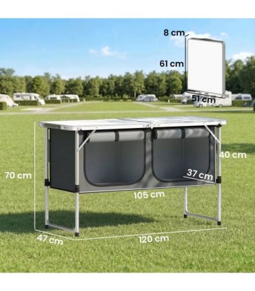 Outsunny Camping Cupboards Folding Portable Aluminium Camp Cook Station with Storage Cupboard for Outdoor BBQ