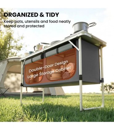 Outsunny Camping Cupboards Folding Portable Aluminium Camp Cook Station with Storage Cupboard for Outdoor BBQ