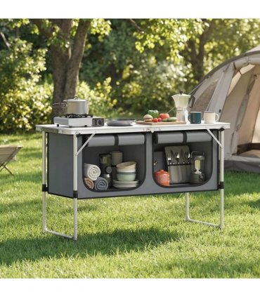 Outsunny Camping Cupboards Folding Portable Aluminium Camp Cook Station with Storage Cupboard for Outdoor BBQ