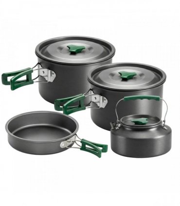 Outsunny Camping Cookware Set for 4-5 People, Lightweight Aluminium Camping Cooking Kit with Anti-Scald Handles, Grey