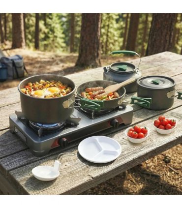 Outsunny Camping Cookware Set for 4-5 People, Lightweight Aluminium Camping Cooking Kit with Anti-Scald Handles, Grey