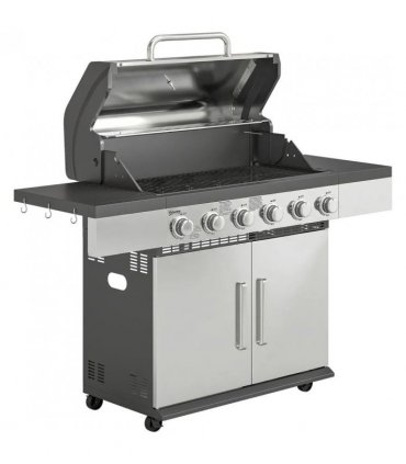 Outsunny 6 Burner Liquid Propane Gas BBQ Grill, Outdoor Portable Gas Barbecue Grill with Warming Rack, Side Tables, Cabinet