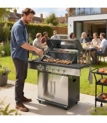 Outsunny 6 Burner Liquid Propane Gas BBQ Grill, Outdoor Portable Gas Barbecue Grill with Warming Rack, Side Tables, Cabinet