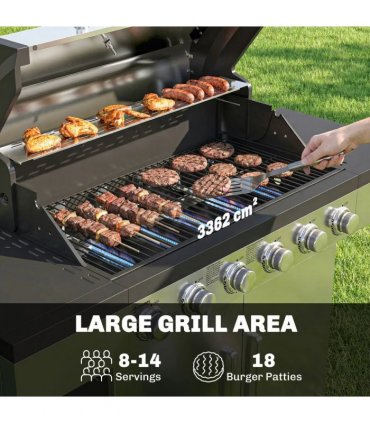 Outsunny 6 Burner Liquid Propane Gas BBQ Grill, Outdoor Portable Gas Barbecue Grill with Warming Rack, Side Tables, Cabinet