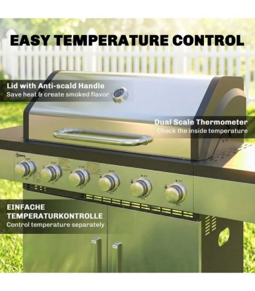 Outsunny 6 Burner Liquid Propane Gas BBQ Grill, Outdoor Portable Gas Barbecue Grill with Warming Rack, Side Tables, Cabinet
