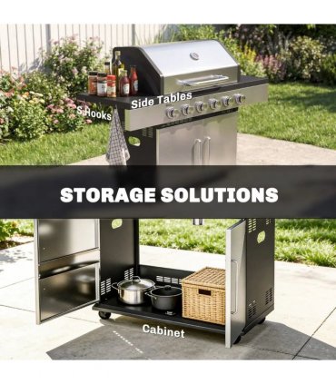 Outsunny 6 Burner Liquid Propane Gas BBQ Grill, Outdoor Portable Gas Barbecue Grill with Warming Rack, Side Tables, Cabinet