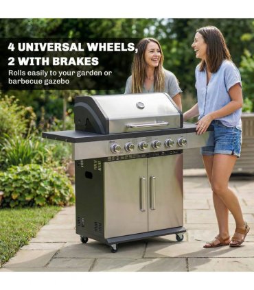 Outsunny 6 Burner Liquid Propane Gas BBQ Grill, Outdoor Portable Gas Barbecue Grill with Warming Rack, Side Tables, Cabinet