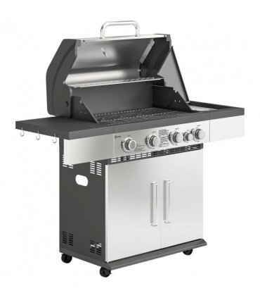 Outsunny 4 Burner Gas BBQ Grill, Portable Gas Barbecue Grill with Side Burner, Warming Rack, Side Shelf, Storage Cabinet