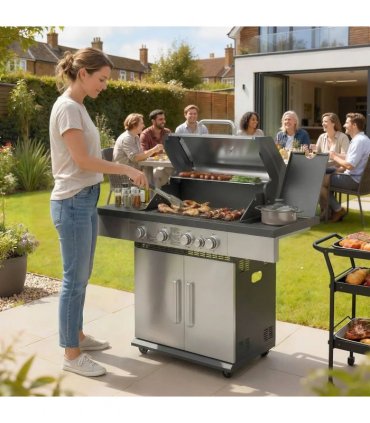 Outsunny 4 Burner Gas BBQ Grill, Portable Gas Barbecue Grill with Side Burner, Warming Rack, Side Shelf, Storage Cabinet