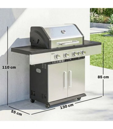 Outsunny 4 Burner Gas BBQ Grill, Portable Gas Barbecue Grill with Side Burner, Warming Rack, Side Shelf, Storage Cabinet