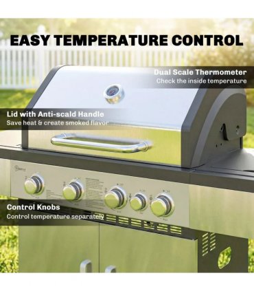 Outsunny 4 Burner Gas BBQ Grill, Portable Gas Barbecue Grill with Side Burner, Warming Rack, Side Shelf, Storage Cabinet