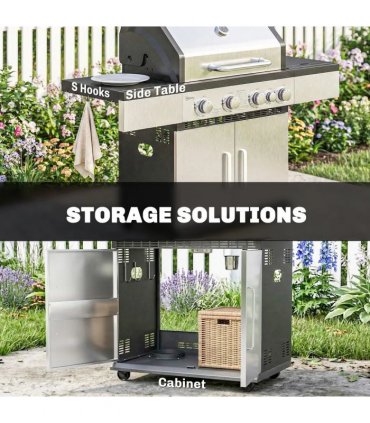 Outsunny 4 Burner Gas BBQ Grill, Portable Gas Barbecue Grill with Side Burner, Warming Rack, Side Shelf, Storage Cabinet