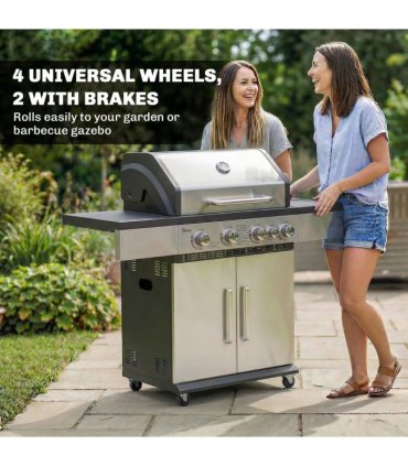 Outsunny 4 Burner Gas BBQ Grill, Portable Gas Barbecue Grill with Side Burner, Warming Rack, Side Shelf, Storage Cabinet