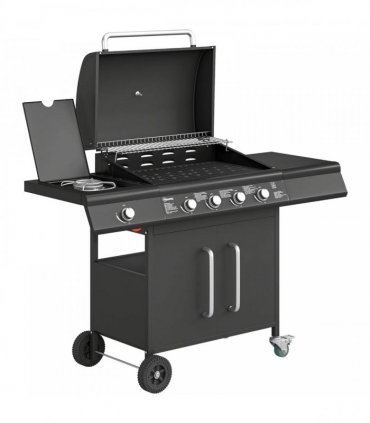 Outsunny 4 Burner Gas BBQ Grill with Storage Cabinet, 15.2 kW Gas Barbecue Trolley with Side Table, 4 Wheels, Warming Rack