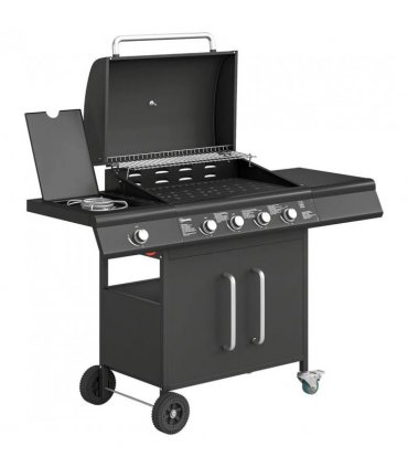 Outsunny 4 Burner Gas BBQ Grill with Storage Cabinet, 15.2 kW Gas Barbecue Trolley with Side Table, 4 Wheels, Warming Rack