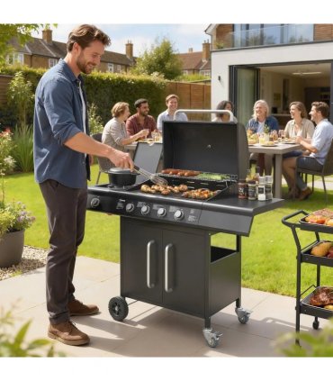 Outsunny 4 Burner Gas BBQ Grill with Storage Cabinet, 15.2 kW Gas Barbecue Trolley with Side Table, 4 Wheels, Warming Rack