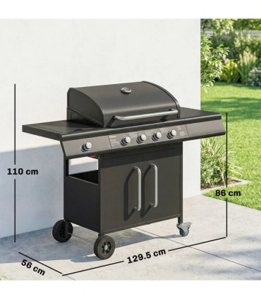 Outsunny 4 Burner Gas BBQ Grill with Storage Cabinet, 15.2 kW Gas Barbecue Trolley with Side Table, 4 Wheels, Warming Rack