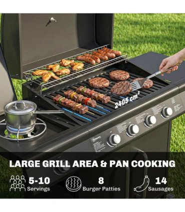 Outsunny 4 Burner Gas BBQ Grill with Storage Cabinet, 15.2 kW Gas Barbecue Trolley with Side Table, 4 Wheels, Warming Rack