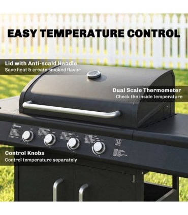 Outsunny 4 Burner Gas BBQ Grill with Storage Cabinet, 15.2 kW Gas Barbecue Trolley with Side Table, 4 Wheels, Warming Rack