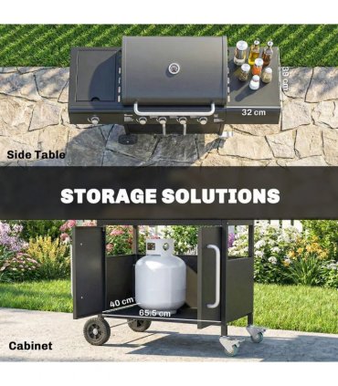 Outsunny 4 Burner Gas BBQ Grill with Storage Cabinet, 15.2 kW Gas Barbecue Trolley with Side Table, 4 Wheels, Warming Rack