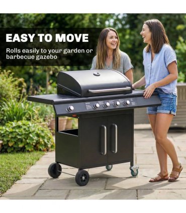 Outsunny 4 Burner Gas BBQ Grill with Storage Cabinet, 15.2 kW Gas Barbecue Trolley with Side Table, 4 Wheels, Warming Rack