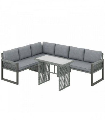 Outsunny 6 Seater Rattan Garden Furniture Set with 3 Loveseats, Table, Patio Rattan Furniture Corner Sofa Set, Grey