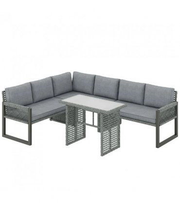 Outsunny 6 Seater Rattan Garden Furniture Set with 3 Loveseats, Table, Patio Rattan Furniture Corner Sofa Set, Grey