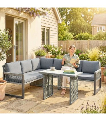 Outsunny 6 Seater Rattan Garden Furniture Set with 3 Loveseats, Table, Patio Rattan Furniture Corner Sofa Set, Grey