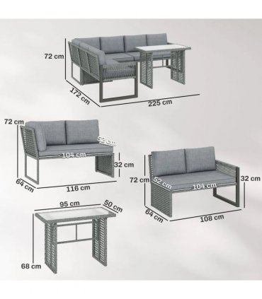 Outsunny 6 Seater Rattan Garden Furniture Set with 3 Loveseats, Table, Patio Rattan Furniture Corner Sofa Set, Grey