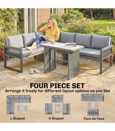 Outsunny 6 Seater Rattan Garden Furniture Set with 3 Loveseats, Table, Patio Rattan Furniture Corner Sofa Set, Grey