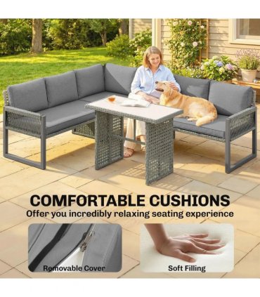 Outsunny 6 Seater Rattan Garden Furniture Set with 3 Loveseats, Table, Patio Rattan Furniture Corner Sofa Set, Grey