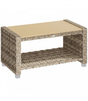 Outsunny Outdoor Coffee Table with Storage Shelf, PE Rattan Side Table with Slatted Top and Foot Pads, Light Brown
