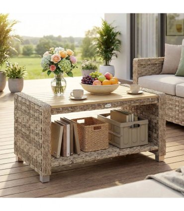 Outsunny Outdoor Coffee Table with Storage Shelf, PE Rattan Side Table with Slatted Top and Foot Pads, Light Brown