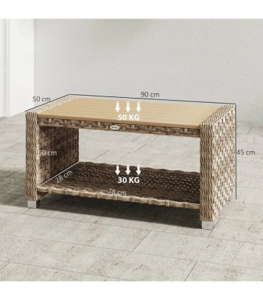 Outsunny Outdoor Coffee Table with Storage Shelf, PE Rattan Side Table with Slatted Top and Foot Pads, Light Brown