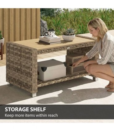 Outsunny Outdoor Coffee Table with Storage Shelf, PE Rattan Side Table with Slatted Top and Foot Pads, Light Brown