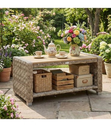 Outsunny Outdoor Coffee Table with Storage Shelf, PE Rattan Side Table with Slatted Top and Foot Pads, Light Brown