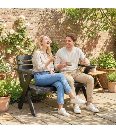 Outsunny 2 Seater Wooden Garden Bench, Slatted Patio Bench with Armrest and Backrest, Black
