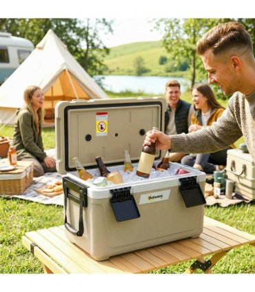 Outsunny 42.6L Insulated Cool Box, Lightweight Portable Ice Cooler with Handle, Lid and Drain Valve, Khaki
