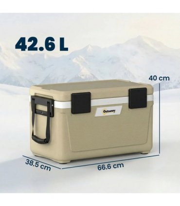 Outsunny 42.6L Insulated Cool Box, Lightweight Portable Ice Cooler with Handle, Lid and Drain Valve, Khaki