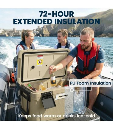 Outsunny 42.6L Insulated Cool Box, Lightweight Portable Ice Cooler with Handle, Lid and Drain Valve, Khaki