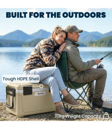 Outsunny 42.6L Insulated Cool Box, Lightweight Portable Ice Cooler with Handle, Lid and Drain Valve, Khaki