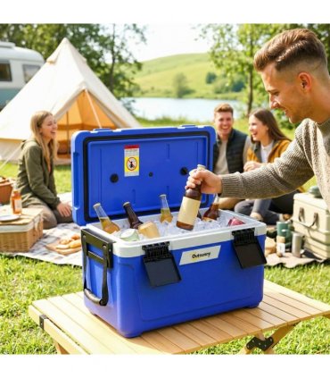 Outsunny 42.6L Insulated Cool Box, Lightweight Portable Ice Cooler with Handle, Lid and Drain Valve, Dark Blue