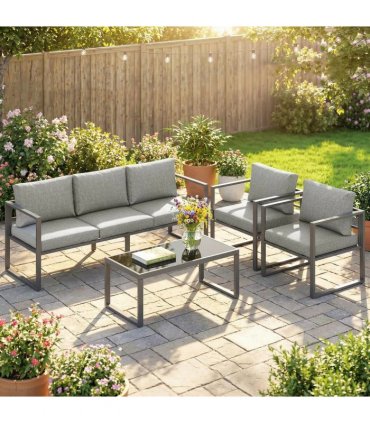 Outsunny 4 Piece Outdoor Garden Furniture Set, Patio Furniture with 3-Seater Sofa, Armchairs and Coffee Table