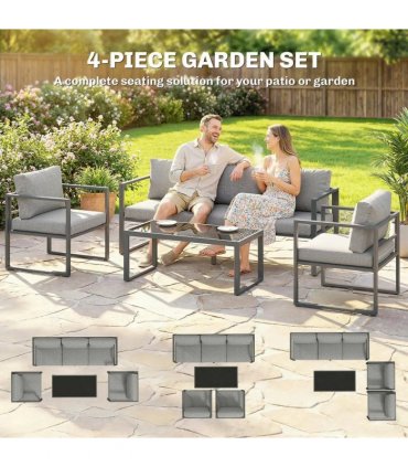 Outsunny 4 Piece Outdoor Garden Furniture Set, Patio Furniture with 3-Seater Sofa, Armchairs and Coffee Table