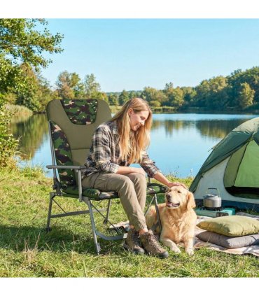 Outsunny Camping Chair Padded Reclining Folding Chair with Wide Armrests for Adults Camouflage