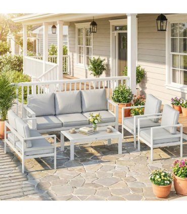 Outsunny 5 Pieces Aluminium Garden Furniture Set with Olefin Cushions, Extra Deep Outdoor Garden Sofa Set, White