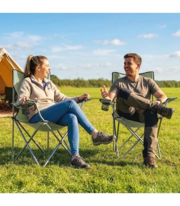 Outsunny Camping Chair Set of 2 Portable Folding Outdoor Camp Chair with Cup Holders and Carry Bag Green