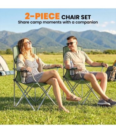 Outsunny Camping Chair Set of 2 Portable Folding Outdoor Camp Chair with Cup Holders and Carry Bag Green